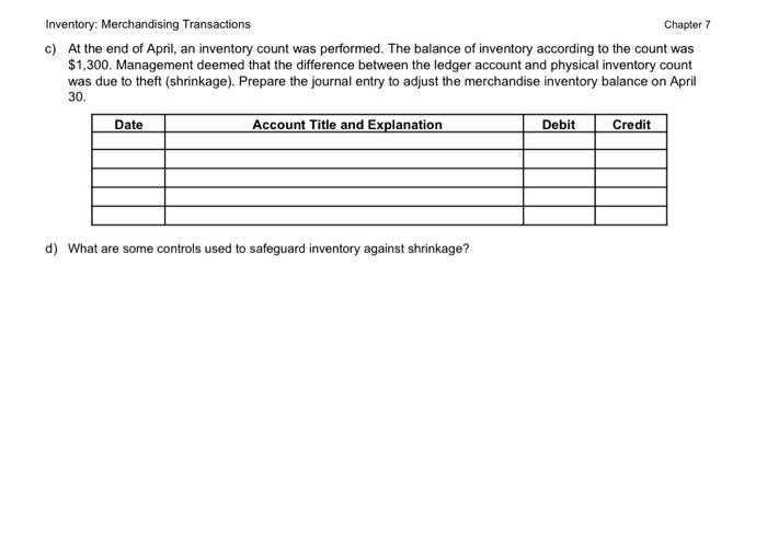 Solved Chapter 7 Chapter 7 Inventory: Merchandising | Chegg.com