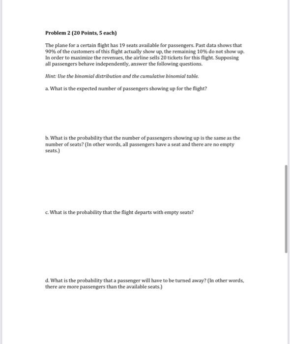 Solved Problem 2 (20 Points, 5 each) The plane for a certain | Chegg.com