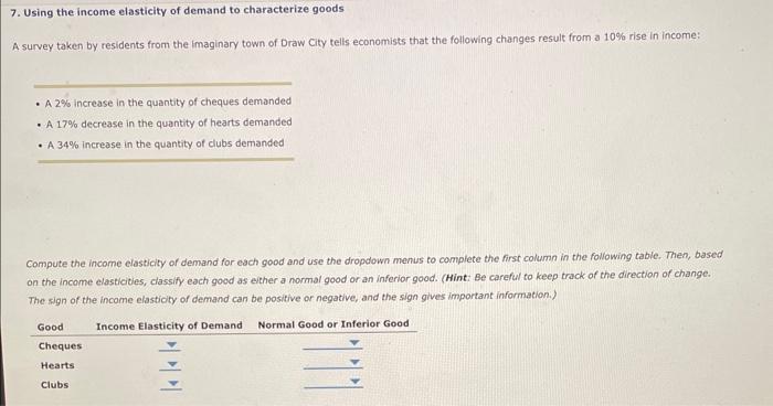 7. Using the income elasticity of demand to characterize goods
A survey taken by residents from the imaginary town of Draw Ci