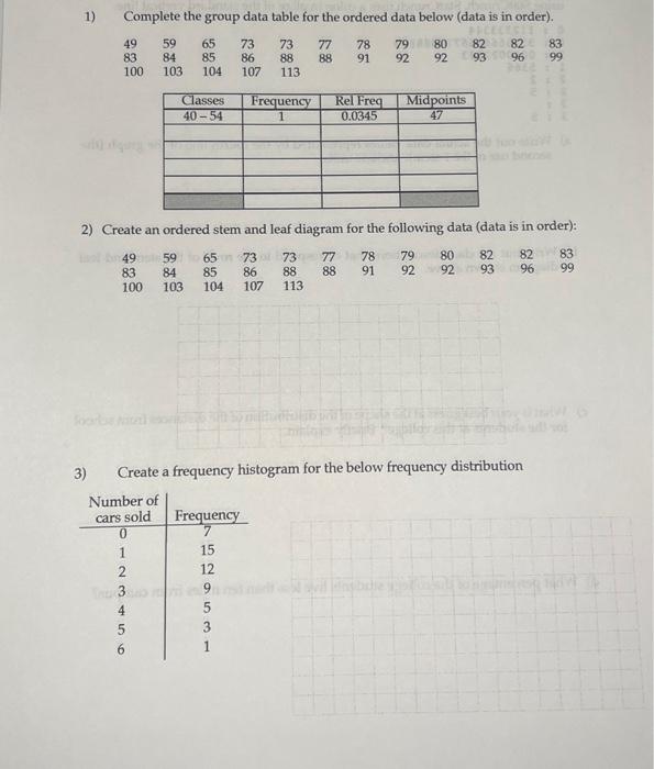 Solved 1) Complete the group data table for the ordered data | Chegg.com
