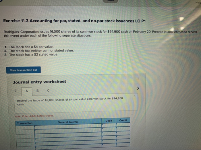 Solved Help Exercise 11 3 Accounting For Par Stated And Chegg Com Solved Help Exercise 11 3 Accounting For Par Stated And Chegg Com