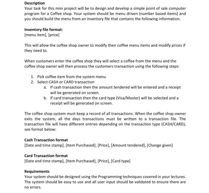 Solved Description Your Task For This Mini Project Will Be Chegg Com