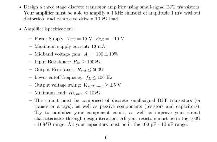 Solved - Design a three stage discrete transistor amplifier | Chegg.com