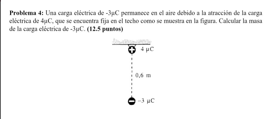 Problema 4: Una carga eléctrica de \( -3 \mu \mathrm{C} \) permanece en el aire debido a la atracción de la carga eléctrica d