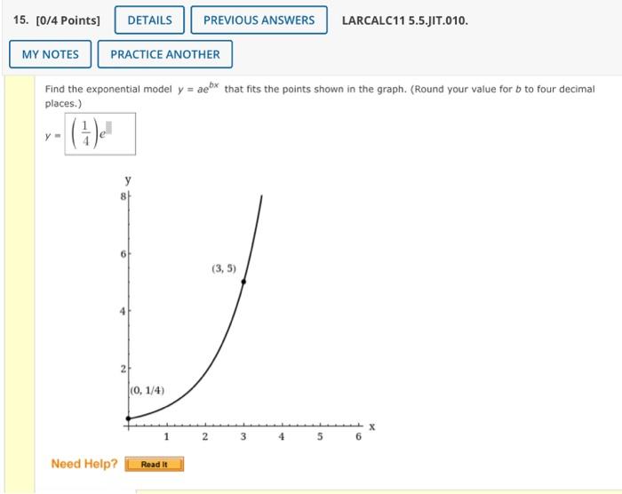 Solved Find the exponential model y=aebx that fits the | Chegg.com