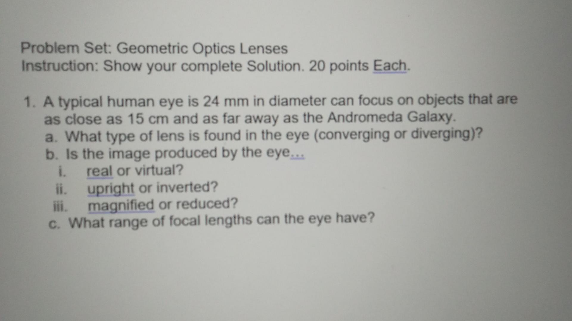 Solved Problem Set Geometric Optics Lenses Instruction