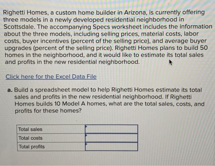 Solved Righetti Homes, a custom home builder in Arizona, is | Chegg.com