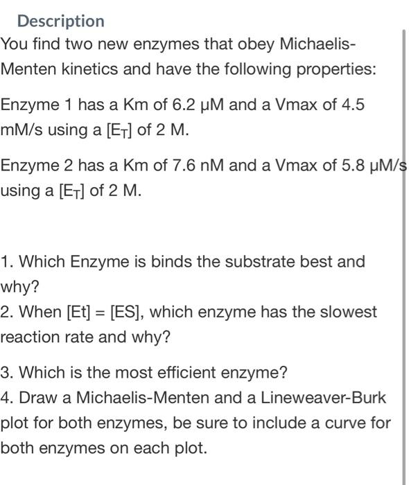 Solved Description You Find Two New Enzymes That Obey | Chegg.com