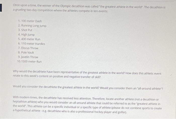 Solved Once upon a time, the winner of the Olympic decathlon | Chegg.com