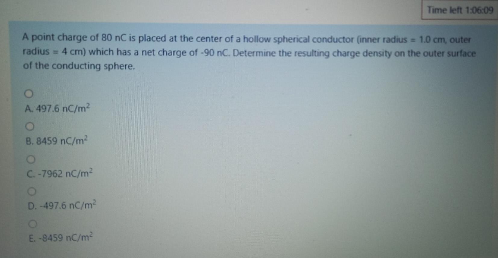 Solved Time left 1:06:09 A point charge of 80 nC is placed | Chegg.com