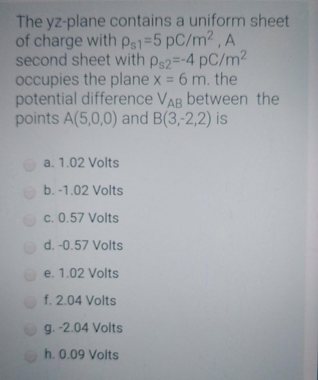 Solved The yz-plane contains a uniform sheet of charge with | Chegg.com