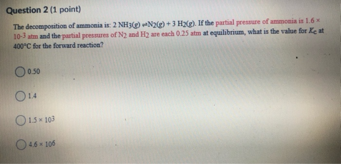 Solved Question 2 (1 point) The decomposition of ammonia is: | Chegg.com