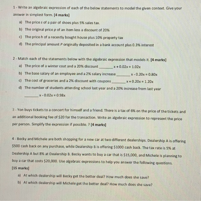 Solved 1 - Write an algebraic expression of each of the | Chegg.com