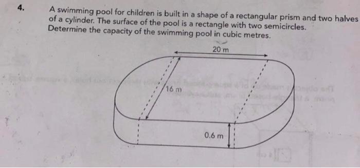 A swimming pool for children is built in a shape of a rectangular prism and two halves of a cylinder. The surface of the pool