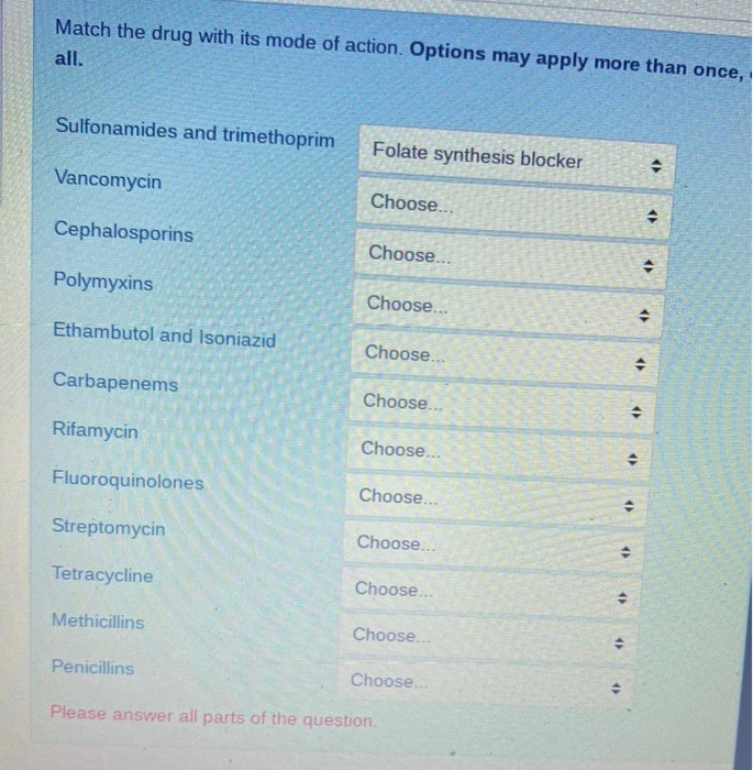 Solved Match the drug with its mode of action. Options may | Chegg.com