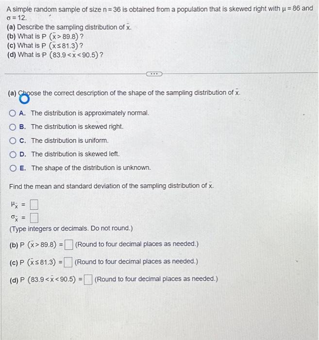 Solved A simple random sample of size n=36 is obtained from | Chegg.com