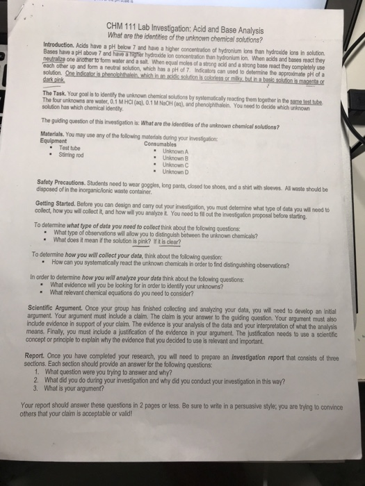 CHM 111 Lab Investigation Acid and Base Analysis