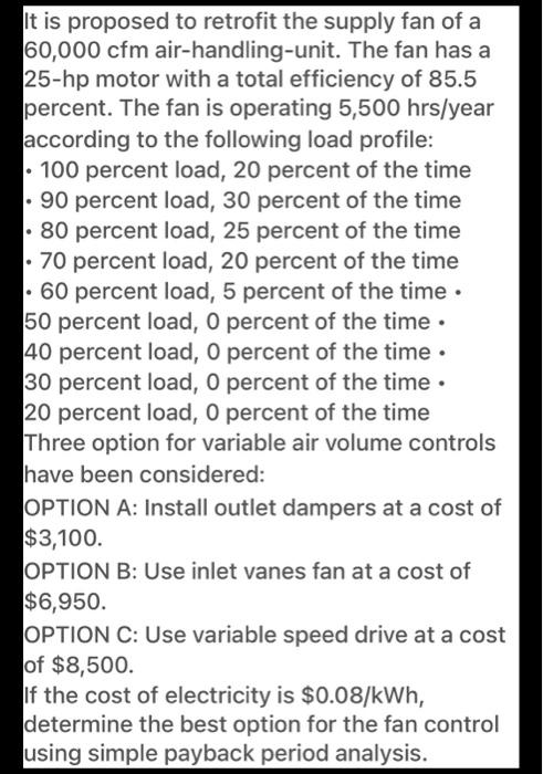 Solved . . . . It is proposed to retrofit the supply fan of | Chegg.com