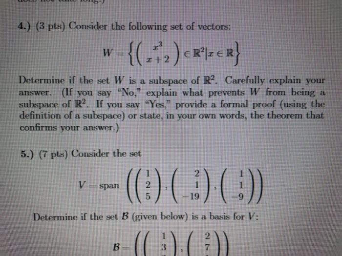 Solved 4.) (3 pts) Consider the following set of vectors: W | Chegg.com