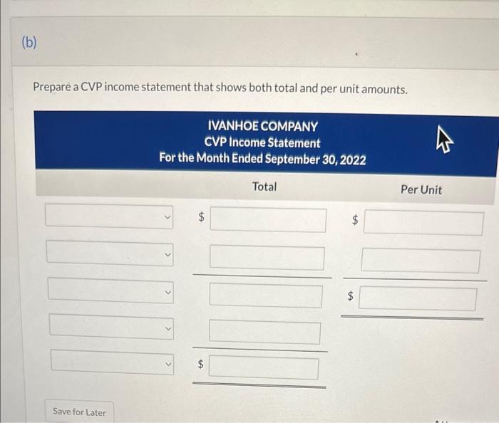 Prepare a CVP income statement that shows both total and per unit amounts.