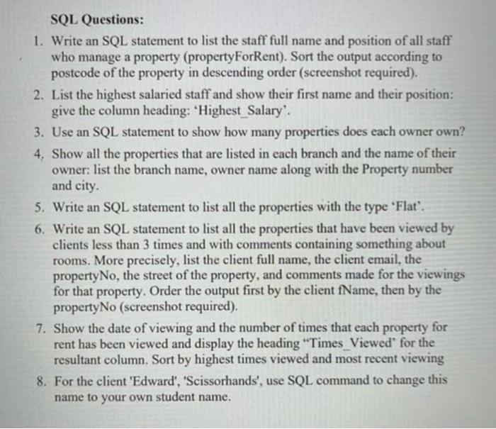 Solved SQL Questions: 1. Write an SQL statement to list the | Chegg.com