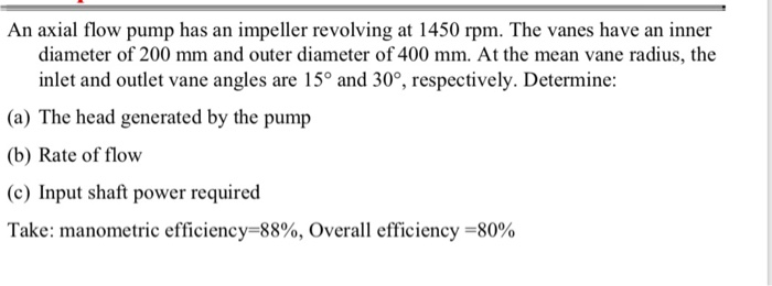 Solved An Axial Flow Pump Has An Impeller Revolving At 1450 | Chegg.com