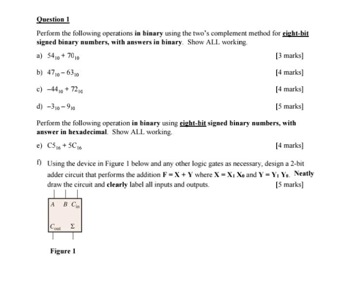 Solved Question 1 Perform The Following Operations In Binary | Chegg.com