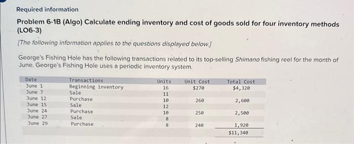 Solved Required Information Problem 6-1B (Algo) Calculate | Chegg.com