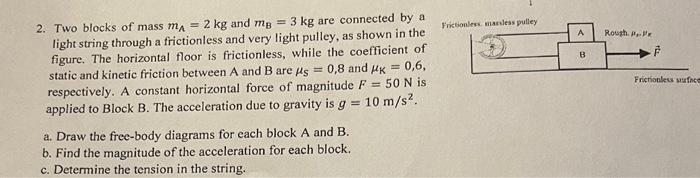 2. Two blocks of mass \( m_{A}=2 \mathrm{~kg} \) and \( m_{B}=3 \mathrm{~kg} \) are connected by a light string through a fri