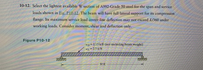 Solved 10-12. ﻿Select the lightest available W section of | Chegg.com