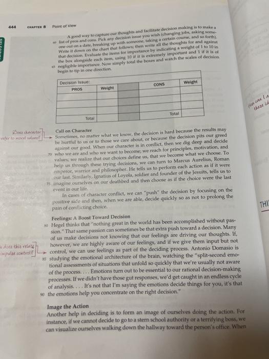 444 CHAPTER 8 Point of View A good way to capture our thoughts and facilitate decision making is to make a list of pros and c