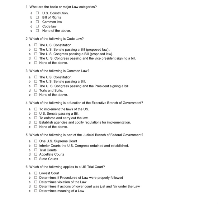 Solved e e 1. What are the basic or major Law categories? a