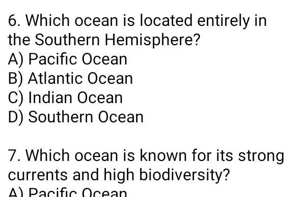 Solved Earth Science: Which ocean is located entirely in the | Chegg.com