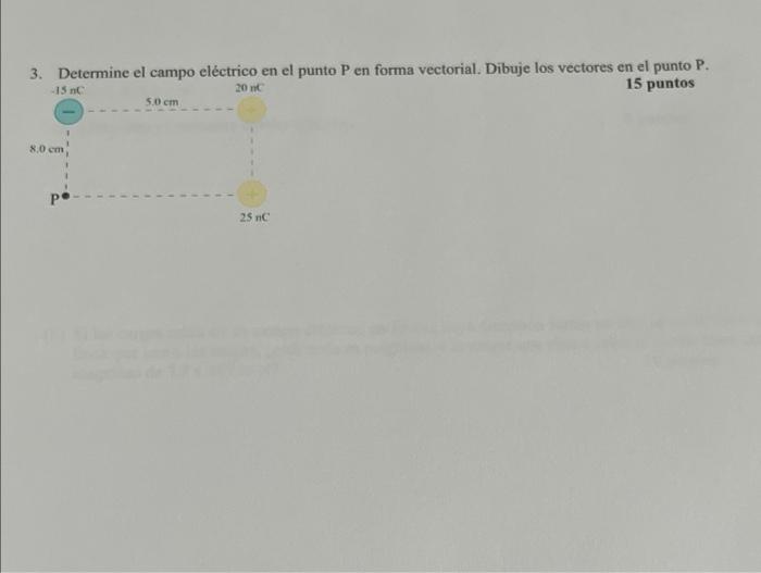 3. Determine el campo eléctrico en el punto \( \mathrm{P} \) en forma vectorial. Dibuje los vectores en el punto \( \mathrm{P