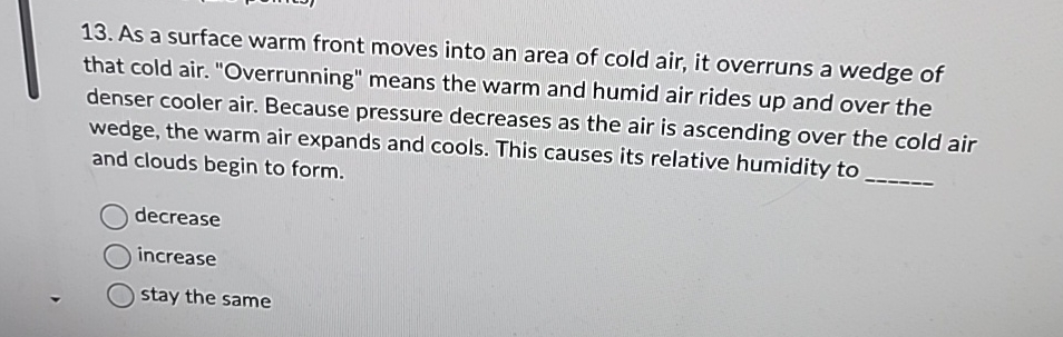 Solved As A Surface Warm Front Moves Into An Area Of Cold | Chegg.com