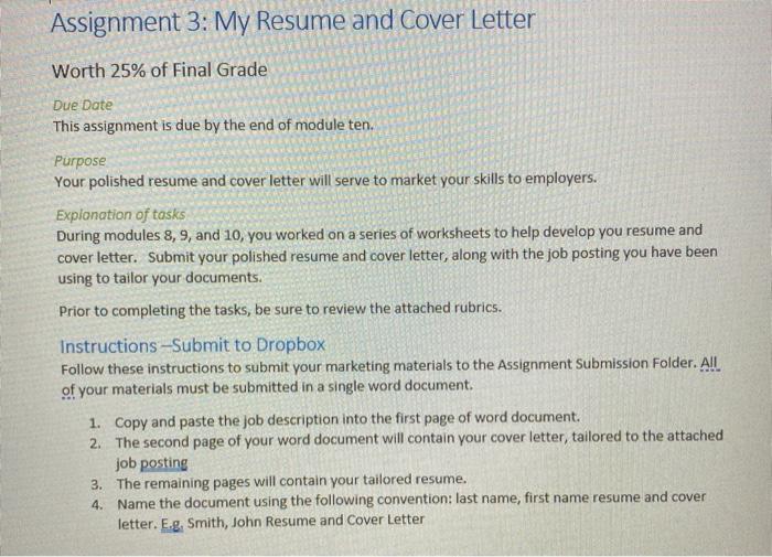 solved assignment 3 my resume and cover letter worth 25 of chegg com