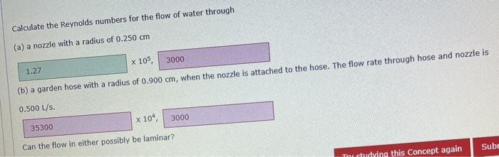 Solved Calculate the Reynolds numbers for the flow of water | Chegg.com