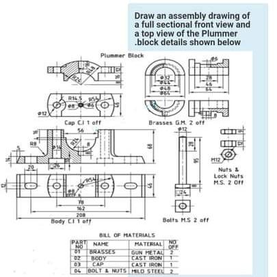 Solved Draw an assembly drawing of a full sectional front | Chegg.com