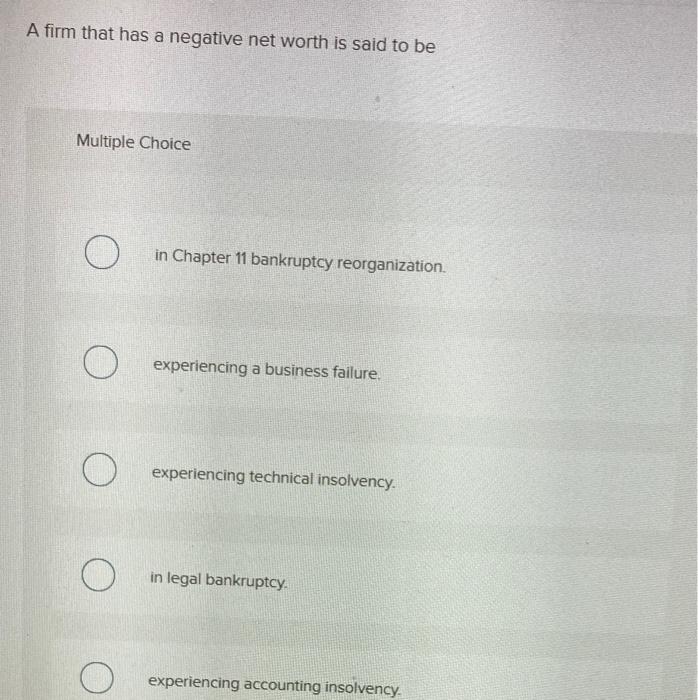 Solved A firm that has a negative net worth is said to be | Chegg.com