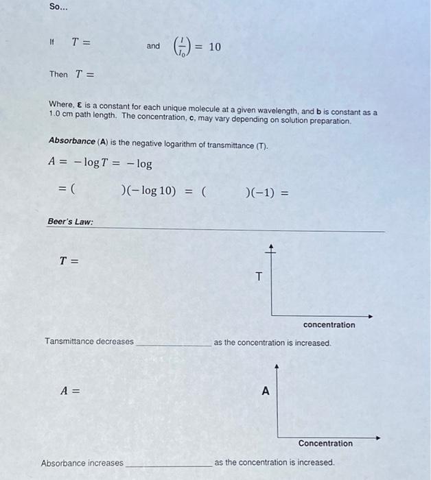 Solved Beer's Law and Absorption Spectroscopy Light