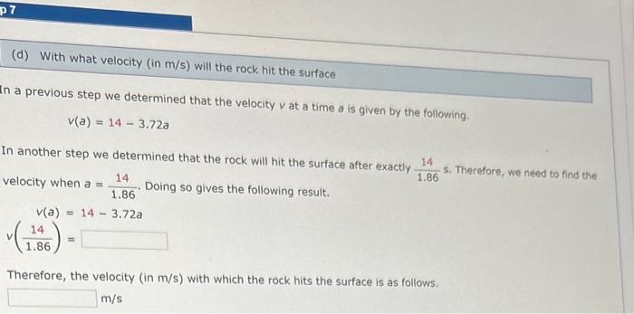 Solved in a previous step we determined that the velocity v | Chegg.com