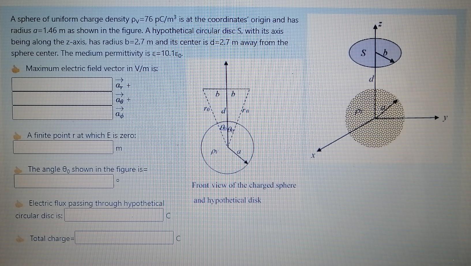 Solved A sphere of uniform charge density Pv=76 PC/m² is at | Chegg.com
