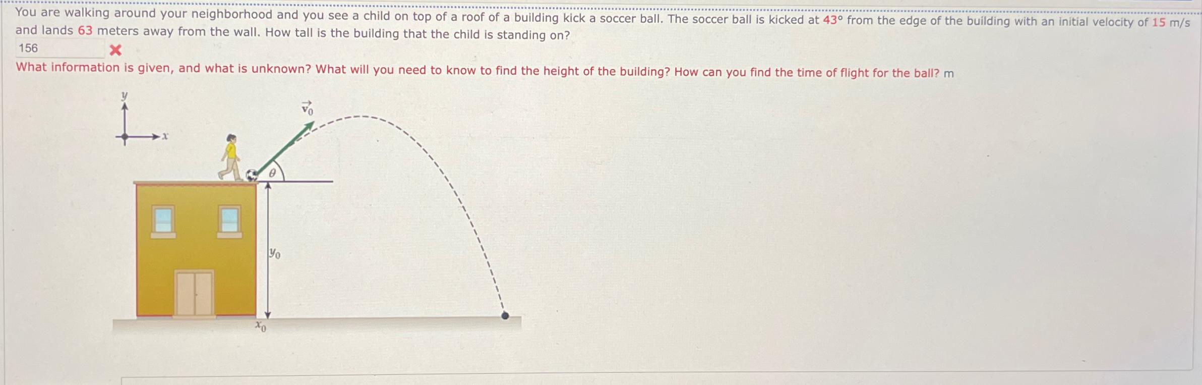 Solved and lands 63 ﻿meters away from the wall. How tall is | Chegg.com