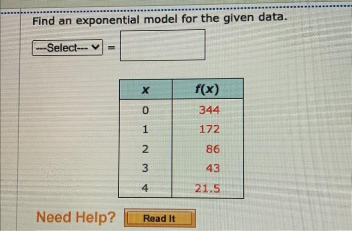 Find an exponential model for the given data.
Need Help?