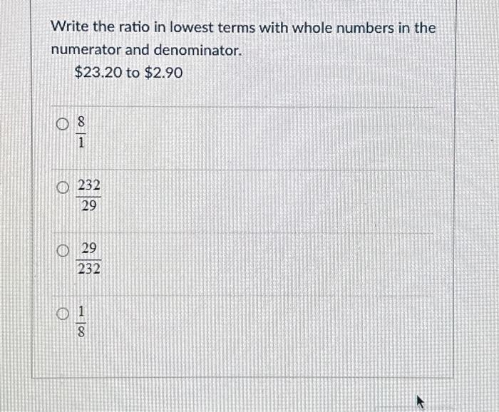 Solved Write the ratio in lowest terms with whole numbers in | Chegg.com