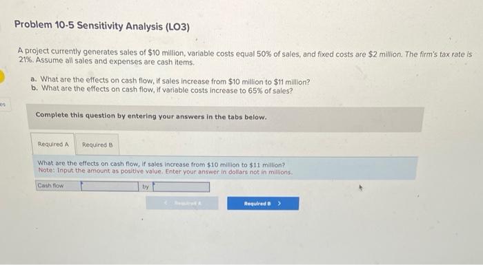 Solved Problem 10-5 Sensitivity Analysis (LO3) A project | Chegg.com