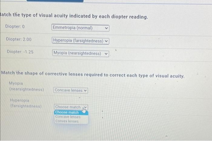Solved latch the type of visual acuity indicated by each | Chegg.com