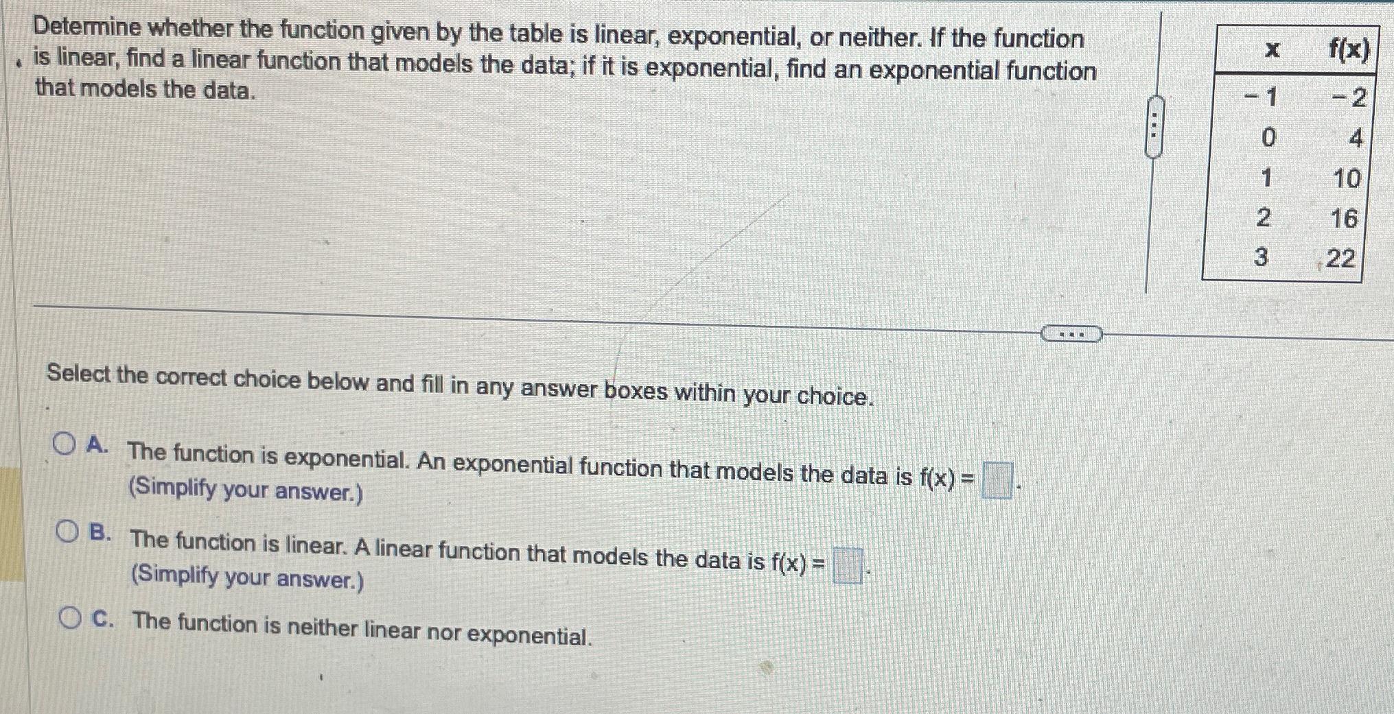 Solved Determine whether the function given by the table is | Chegg.com