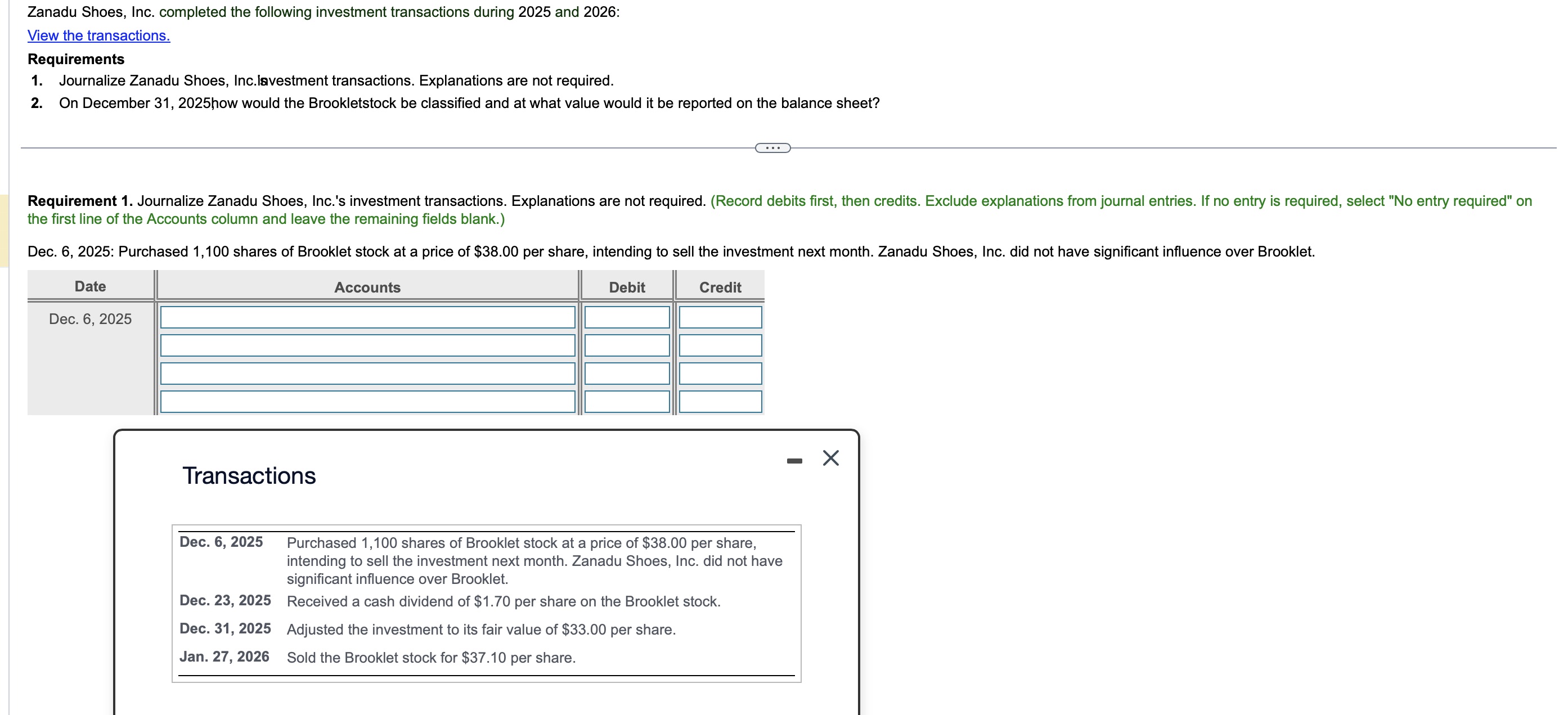 Solved Zanadu Shoes, Inc. completed the following investment 