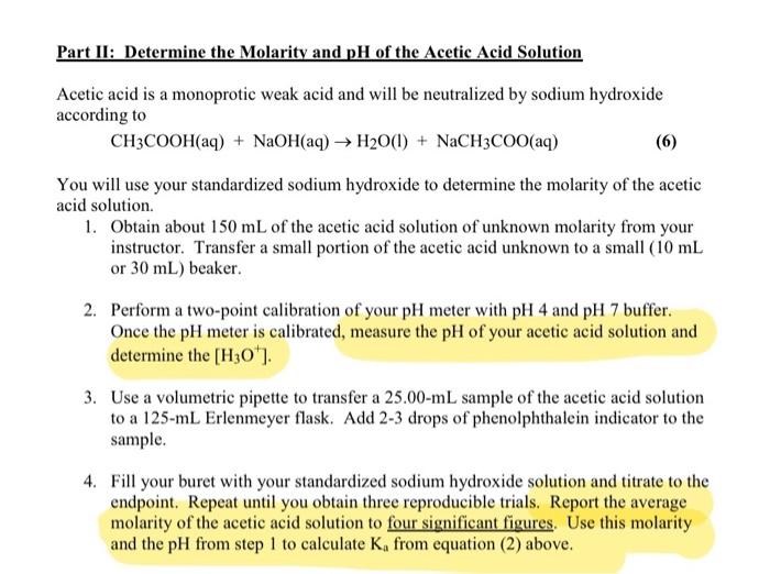 Solved Part Ii Determine The Molarity And Ph Of The Acetic 2789